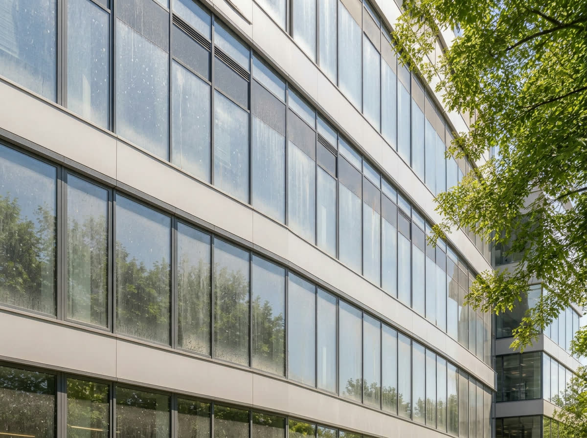 Glasfassade eines Bürogebäudes – vor der Reinigung