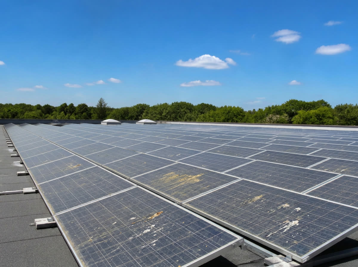 Photovoltaikmodule auf einem Dach – vor der Reinigung