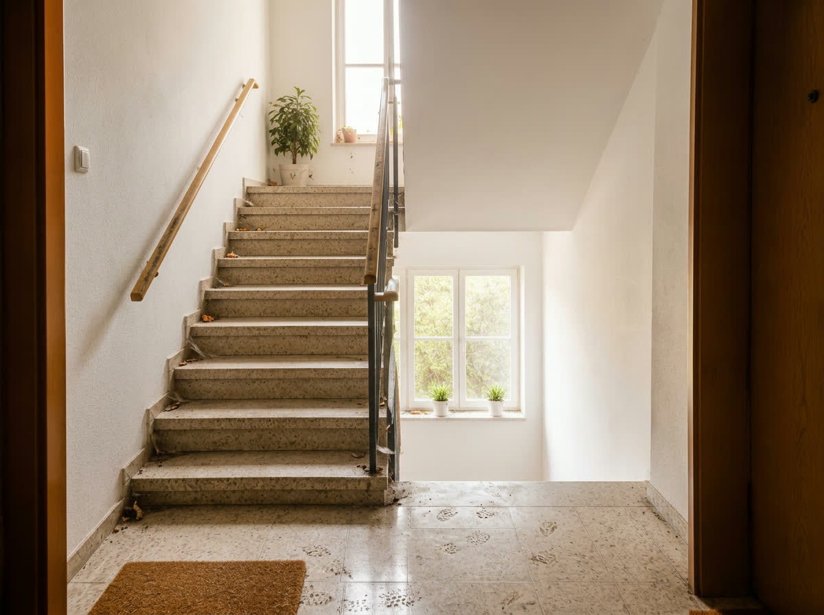 Treppenhaus einer Wohnanlage – vor der Reinigung
